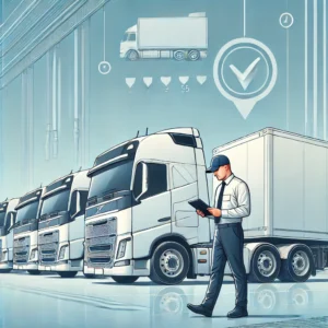 DALL·E 2024-12-25 21.25.23 - A professional and modern illustration depicting a fleet of clean, well-maintained trucks parked in a spacious inspection yard. A technician, wearing